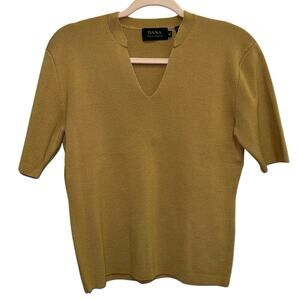 Dana Buchman XL Gold Tan Wool Knit Top Short Sleeve V-Neck Sweater